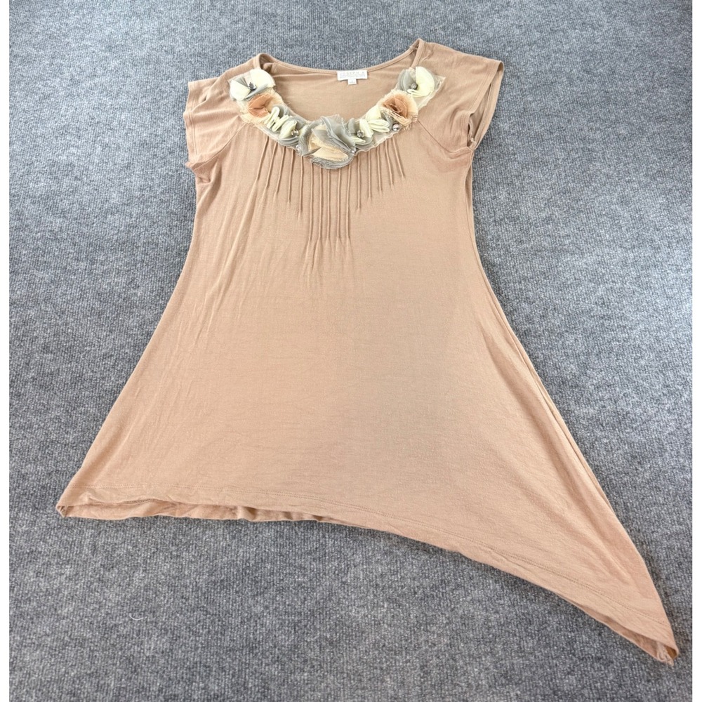 Joseph A. Tan Floral Applique Pintuck Asymmetrical Sharkbite Hem Tunic Top Small